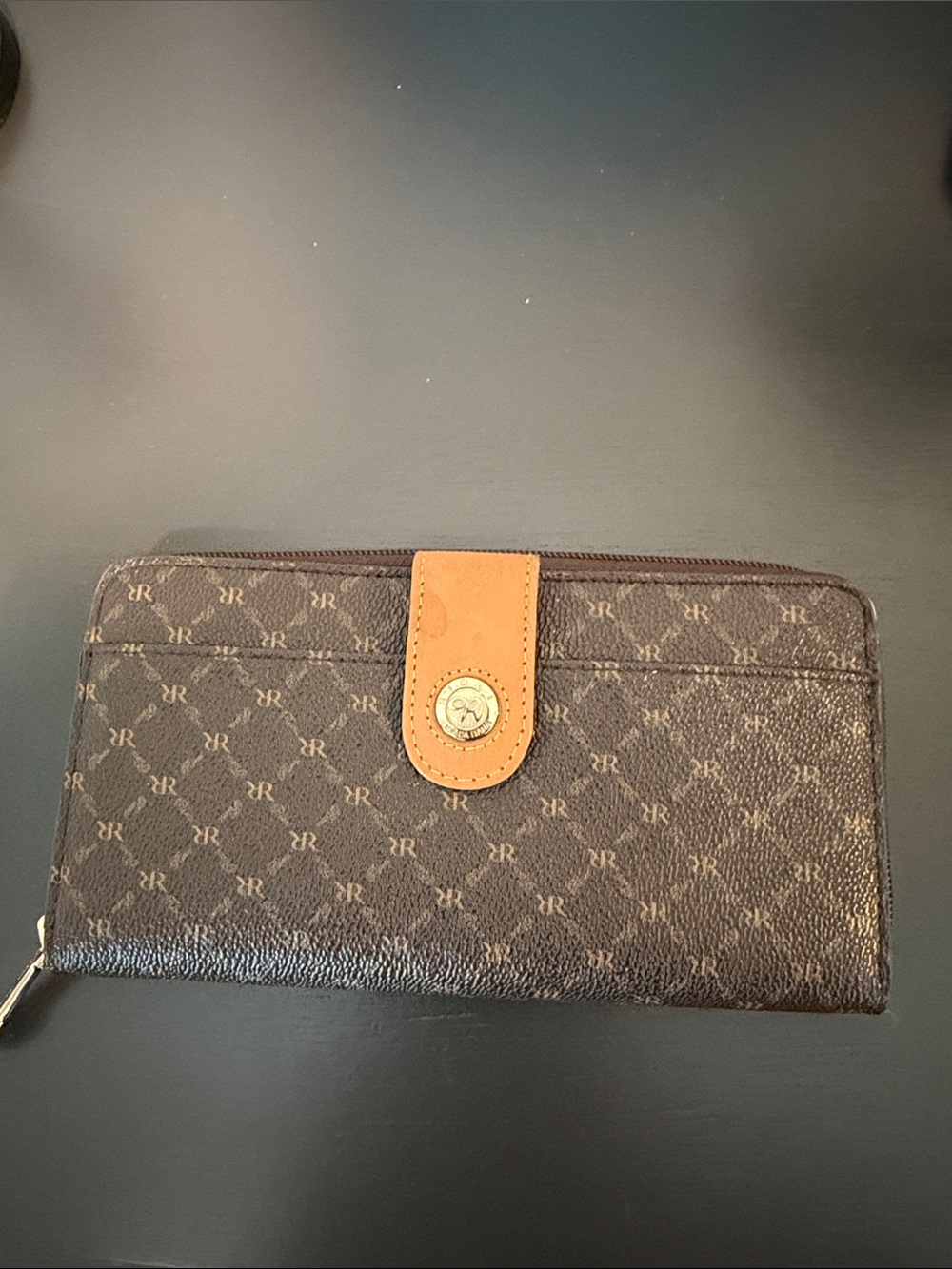 Rioni Signature button fold Brown monogram canvas Wallet with Tan Snap Tab